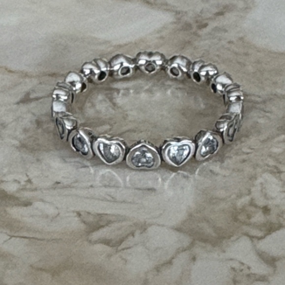 Pandora ALE 925 Sterling Silver Forever More Clear CZ Hearts Stacking Band Ring - Picture 2 of 7